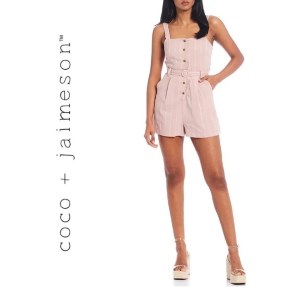 NWT Coco + Jaimeson Sleeveless Dusty Rose Pinstripe Snap Front Romper Large - Picture 4 of 9